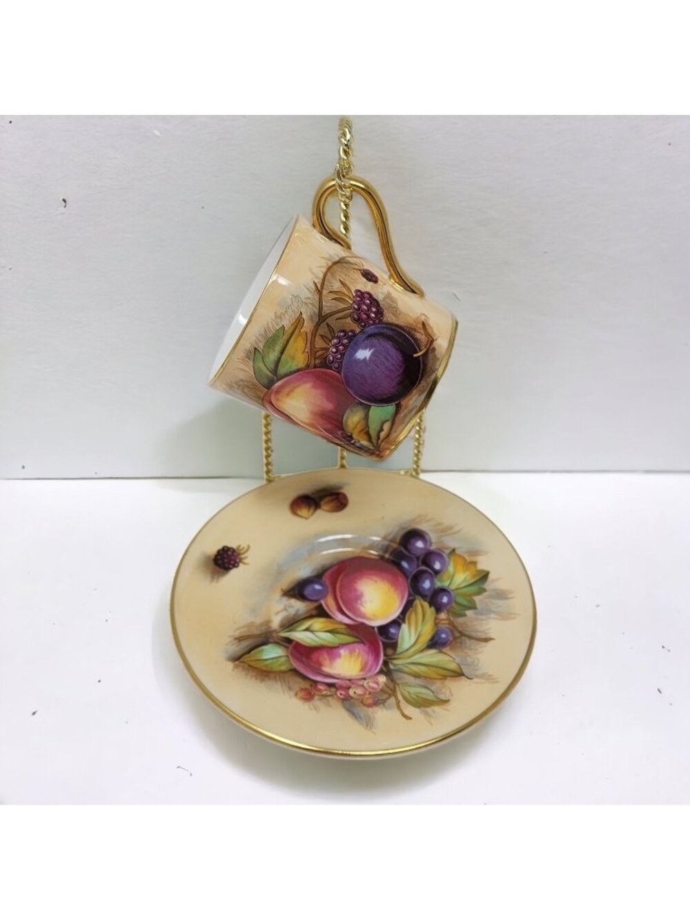 Aynsley Bone China Fruit Motif Coffee Cup & Saucer England Gold Trim Vintage